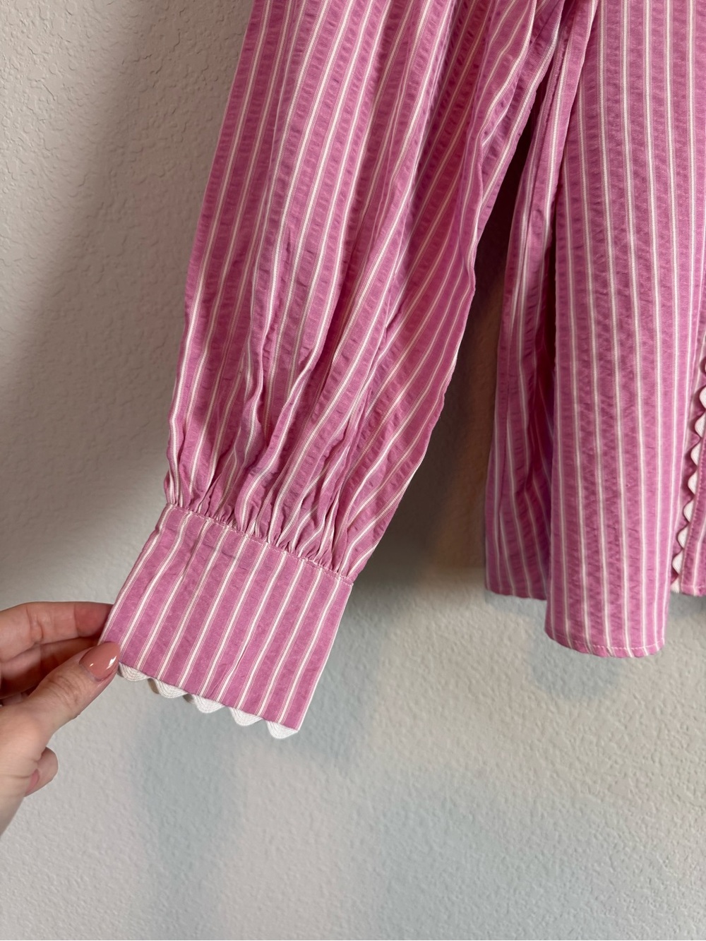 Entro Pink Striped Puff Sleeve Ric Rac Detail Grand Millenial Button Down Top S - Picture 2 of 10